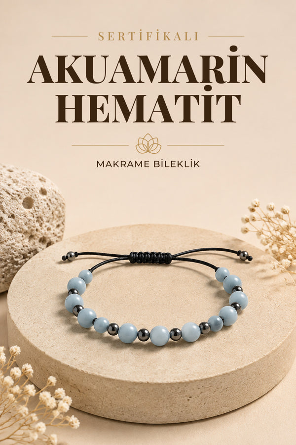 SERTİFİKALI Akuamarin-Hematit Doğal Taş Ayarlanabilir Makrome Bileklik