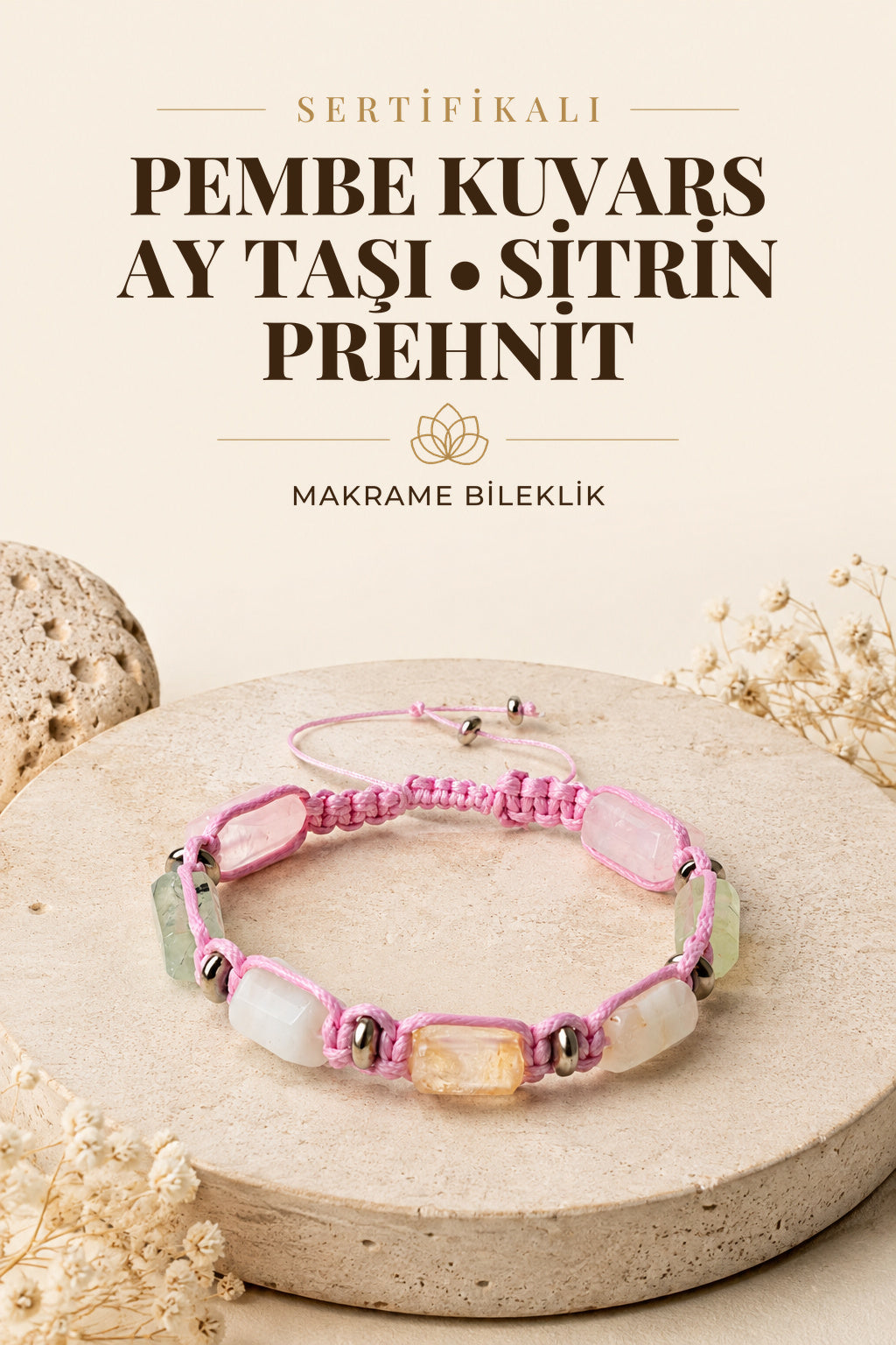 SERTİFİKALI Pembe Kuvars-Ay taşı-Sitrin-Prehneit Doğal Taş Ayarlanabilir Makrome Bileklik