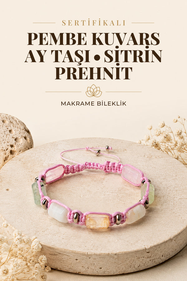 SERTİFİKALI Pembe Kuvars-Ay taşı-Sitrin-Prehneit Doğal Taş Ayarlanabilir Makrome Bileklik