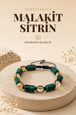 SERTİFİKALI Malahite-Sitrin Doğal Taş Ayarlanabilir Makrome Bileklik
