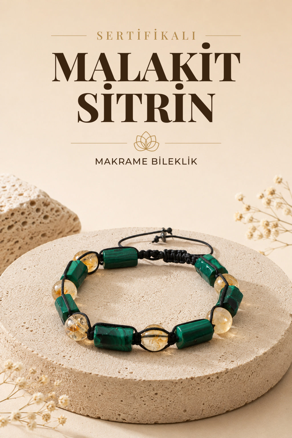 SERTİFİKALI Malahite-Sitrin Doğal Taş Ayarlanabilir Makrome Bileklik
