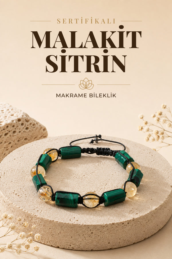 SERTİFİKALI Malahite-Sitrin Doğal Taş Ayarlanabilir Makrome Bileklik