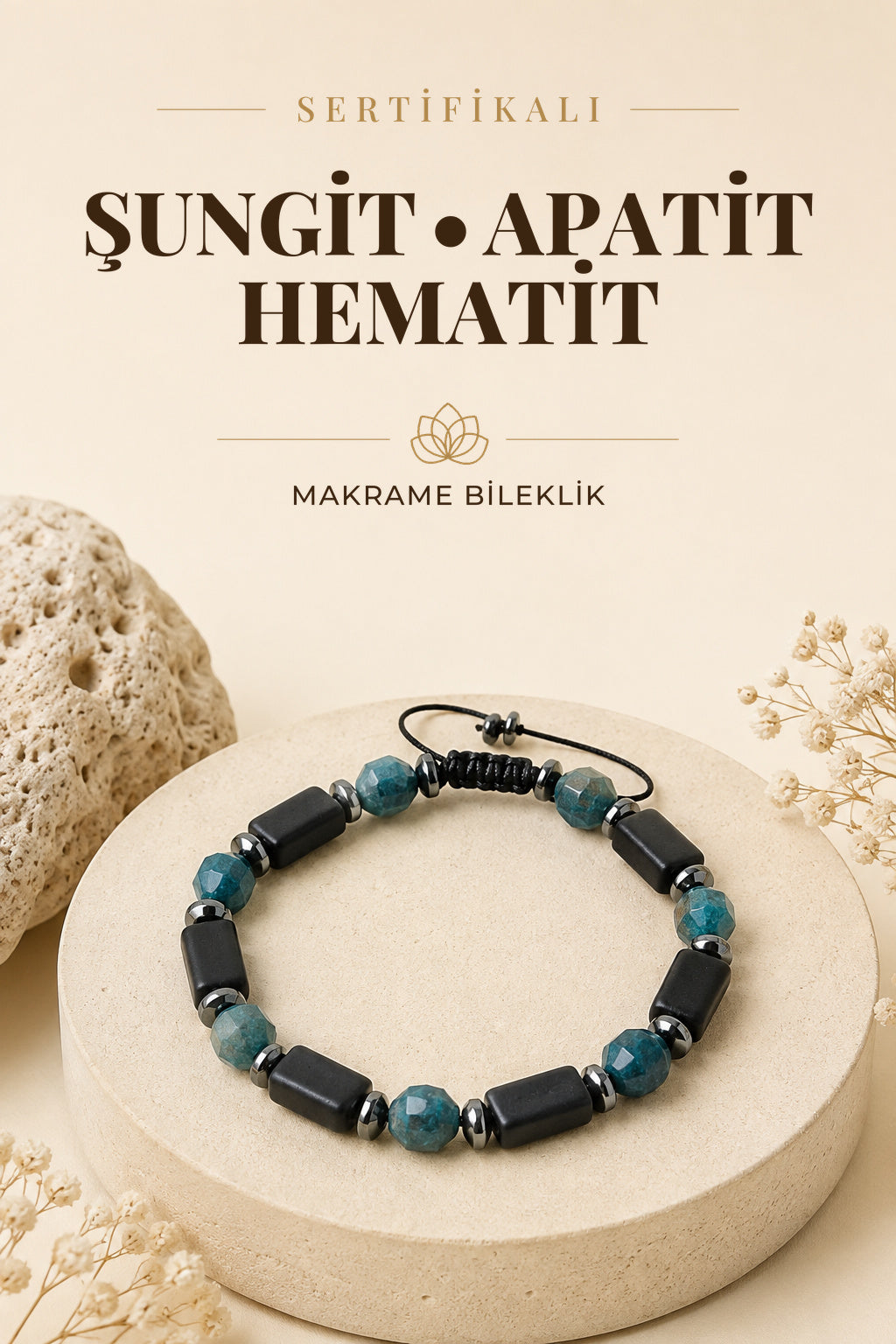 SERTİFİKALI Shungite-Apatit-Hematit Doğal Taş Ayarlanabilir Makrome Bileklik