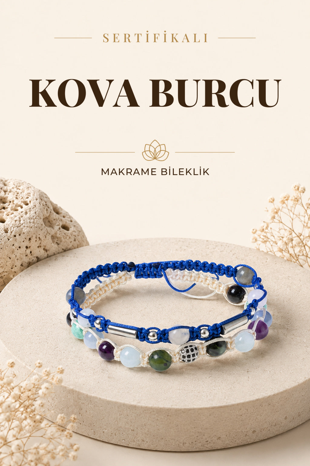 SERTİFİKALI Kova Burcu Doğal Taş İkili Makrome Bileklik