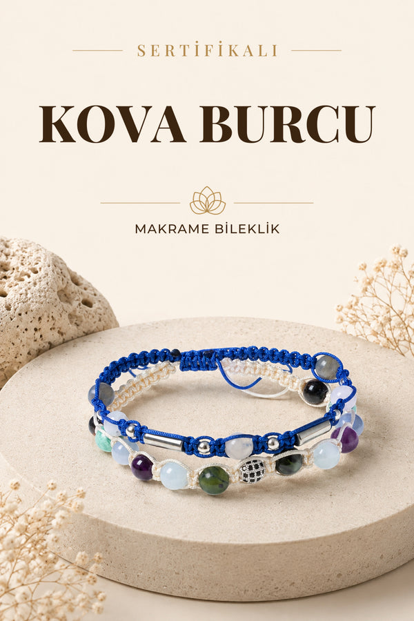 SERTİFİKALI Kova Burcu Doğal Taş İkili Makrome Bileklik