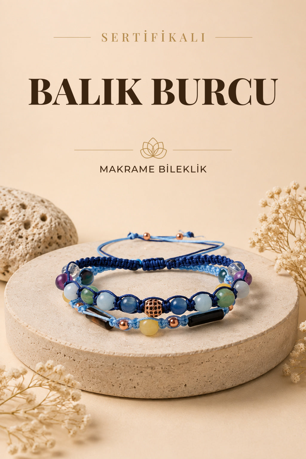 SERTİFİKALI Balık Burcu Doğal Taş İkili Makrome Bileklik
