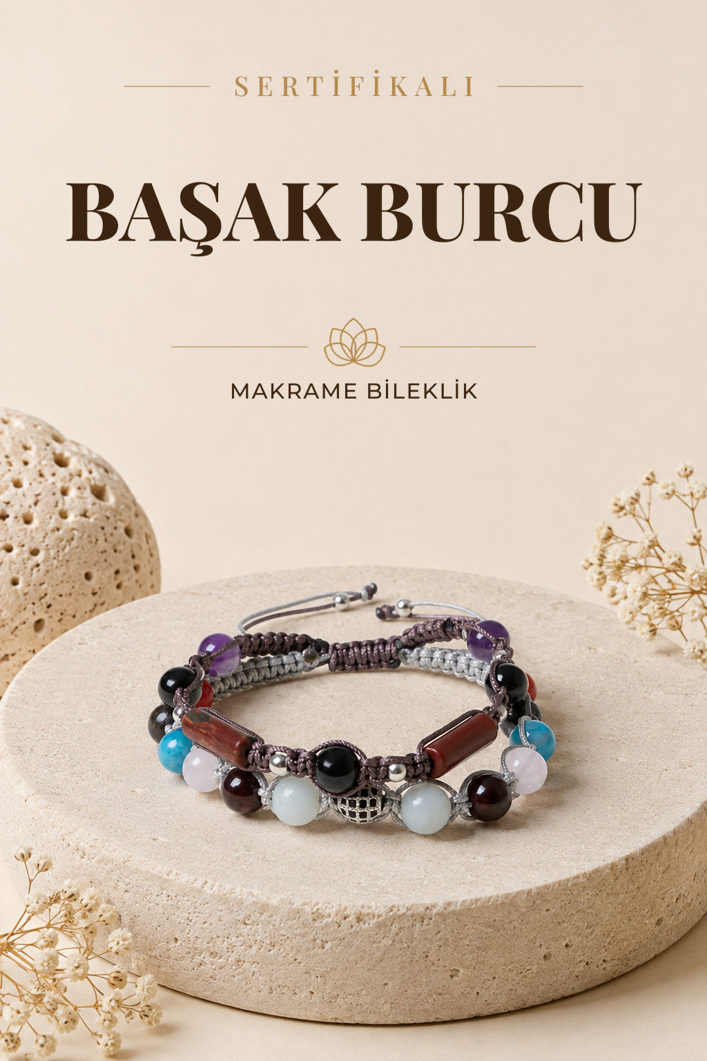 SERTİFİKALI Başak Burcu Doğal Taş İkili Makrome Bileklik