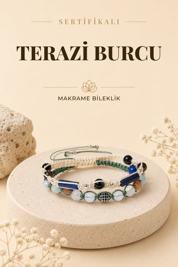 SERTİFİKALI Terazi Burcu Doğal Taş İkili Makrome Bileklik