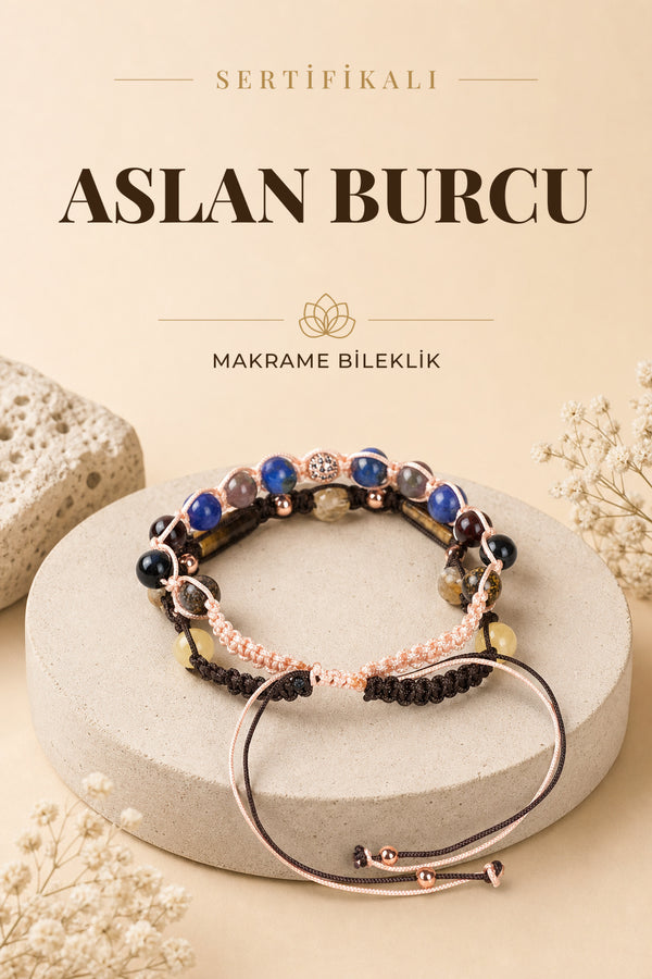 SERTİFİKALI Aslan Burcu Doğal Taş İkili Makrome Bileklik