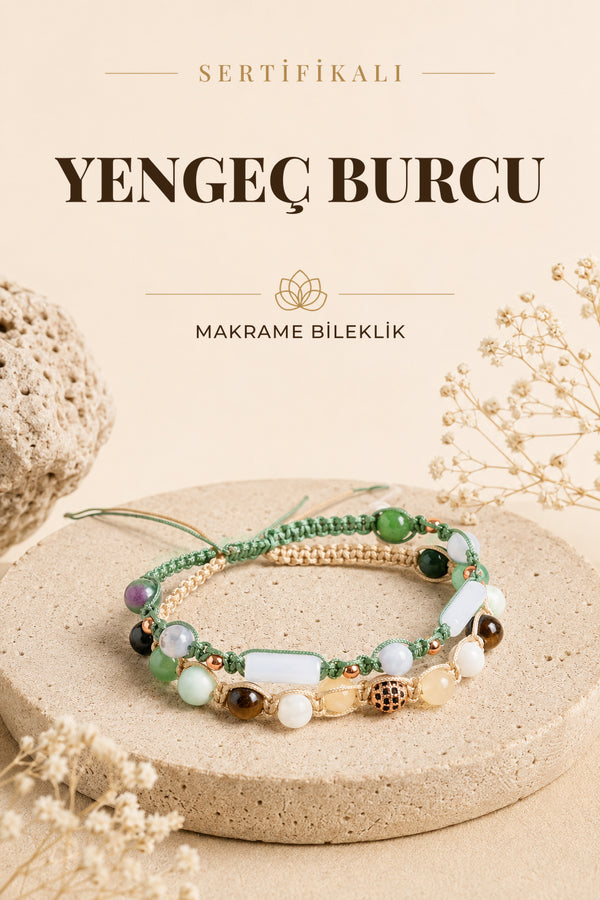 SERTİFİKALI Yengeç Burcu Doğal Taş İkili Makrome Bileklik