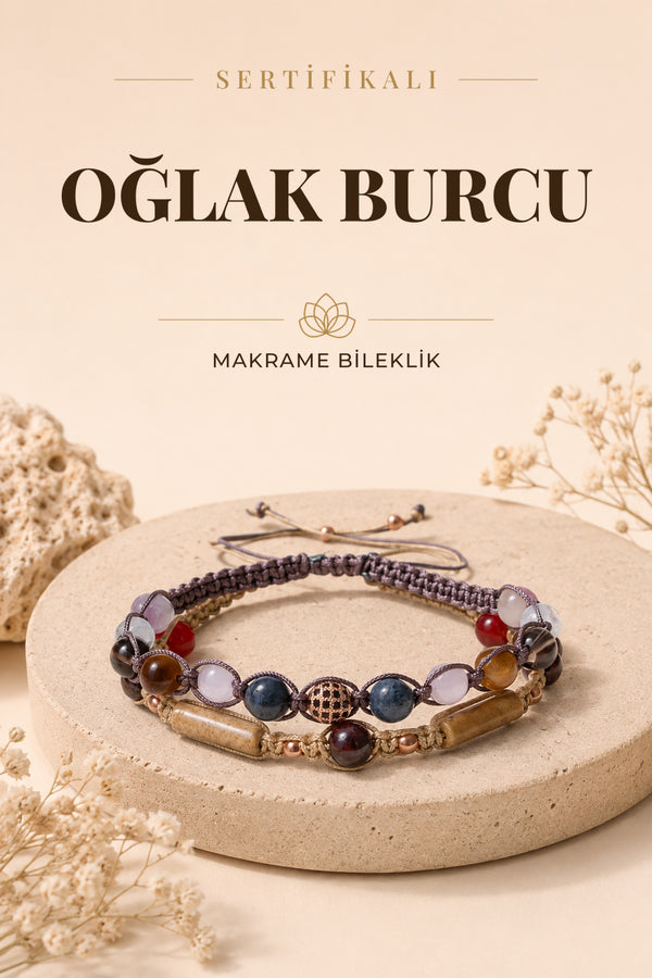 SERTİFİKALI Oğlak Burcu Doğal Taş İkili Makrome Bileklik
