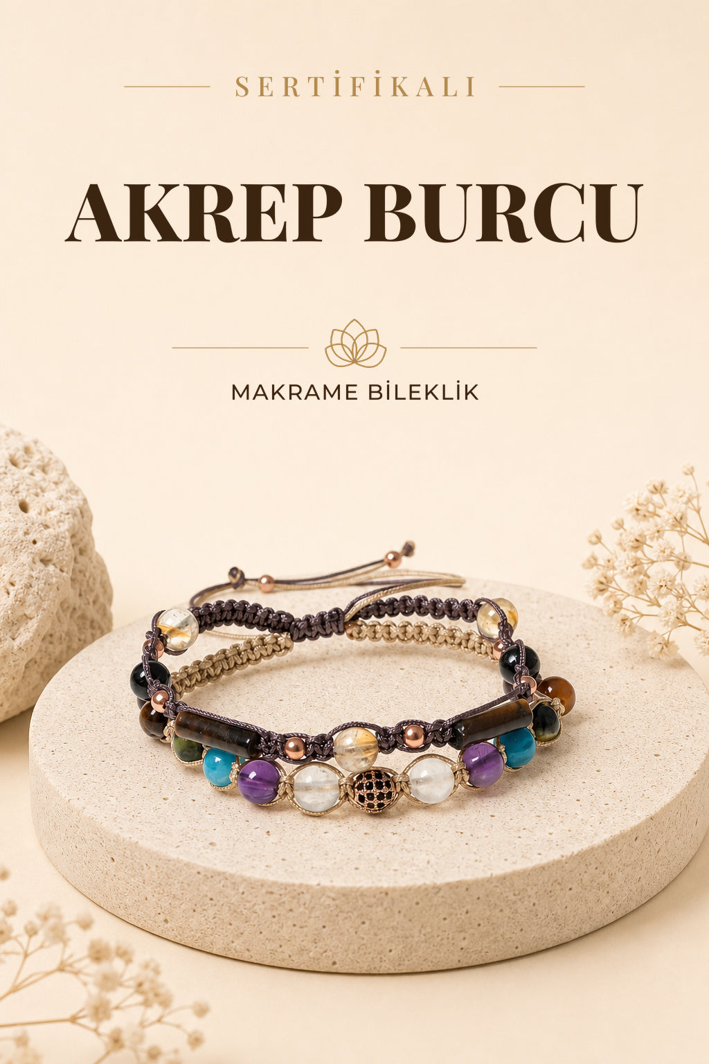 SERTİFİKALI Akrep Burcu Doğal Taş İkili Makrome Bileklik