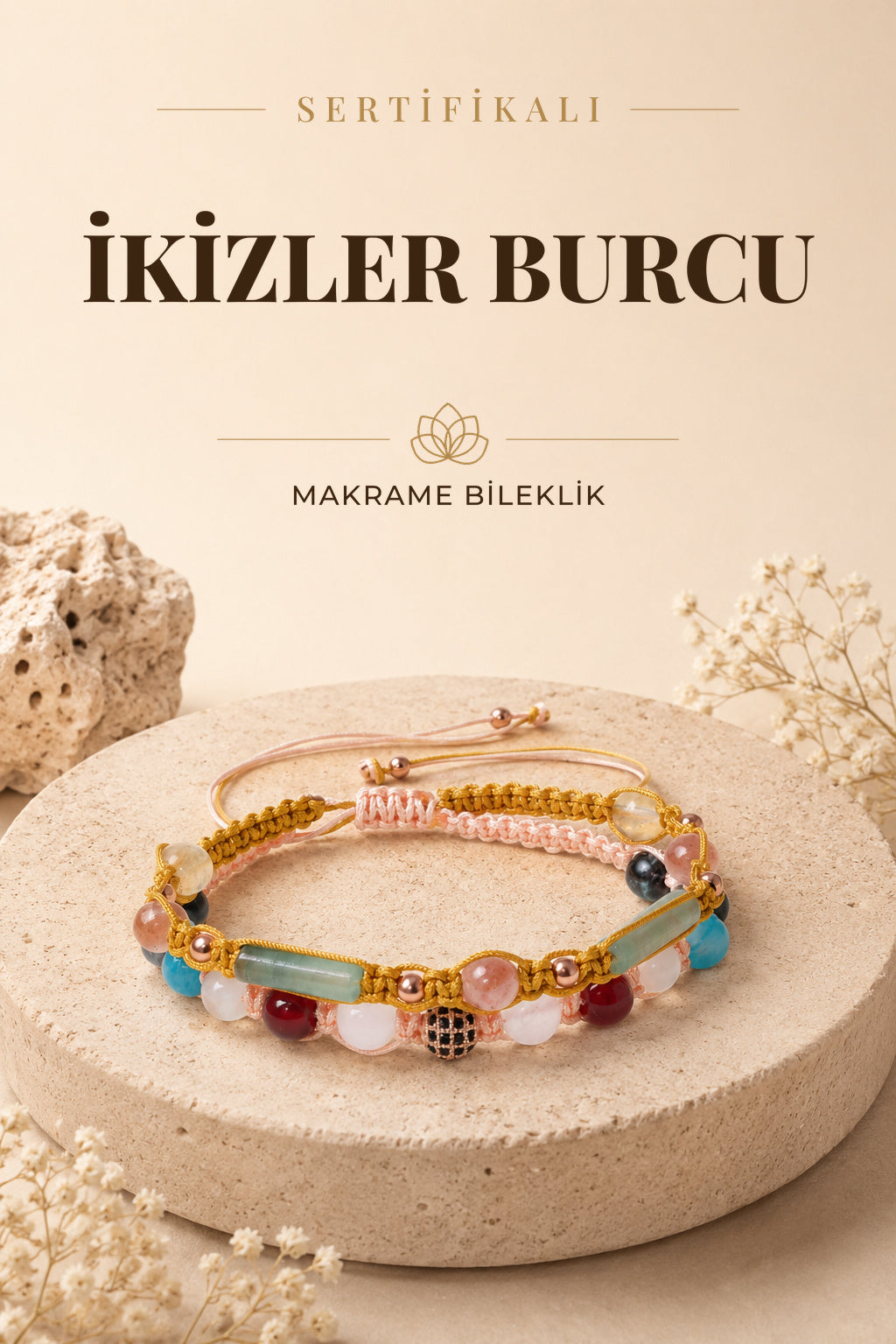 SERTİFİKALI İkizler Burcu Doğal Taş İkili Makrome Bileklik