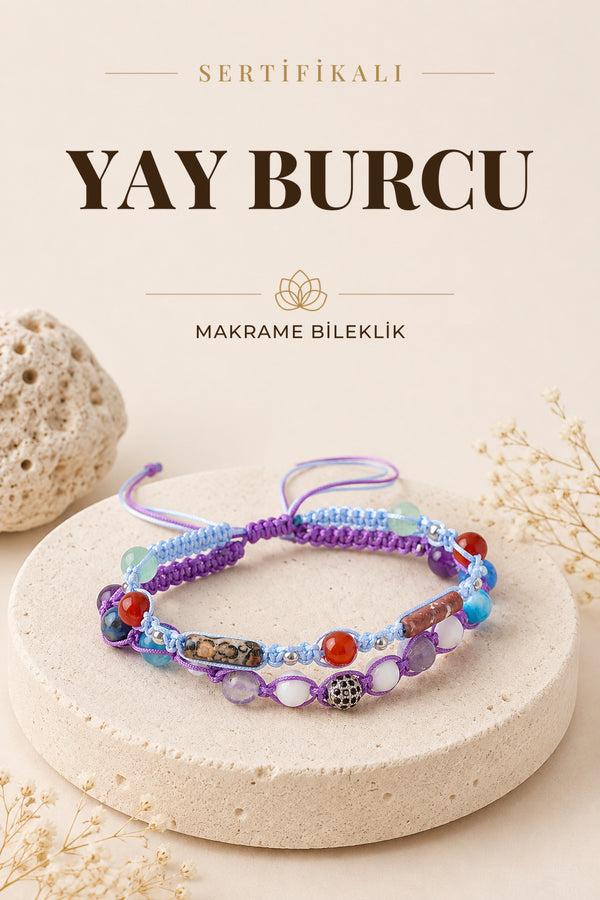 SERTİFİKALI Yay Burcu Doğal Taş İkili Makrome Bileklik
