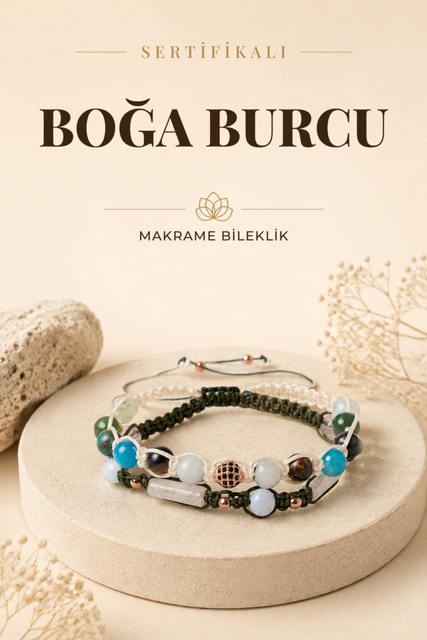 SERTİFİKALI Boğa Burcu Doğal Taş İkili Makrome Bileklik