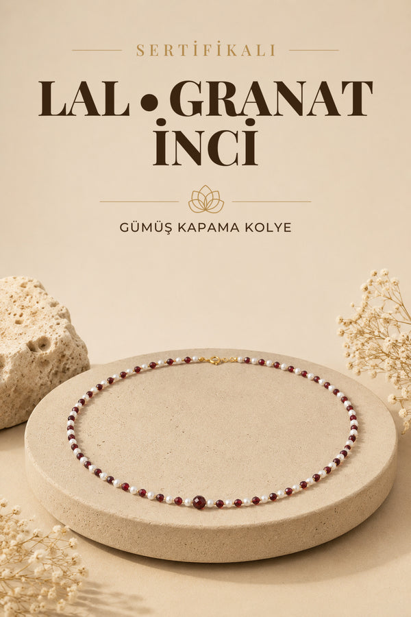 SERTİFİKALI Lal(Granat )-İnci Doğal Taş Gümüş Kapama Altın Kaplama Kolye