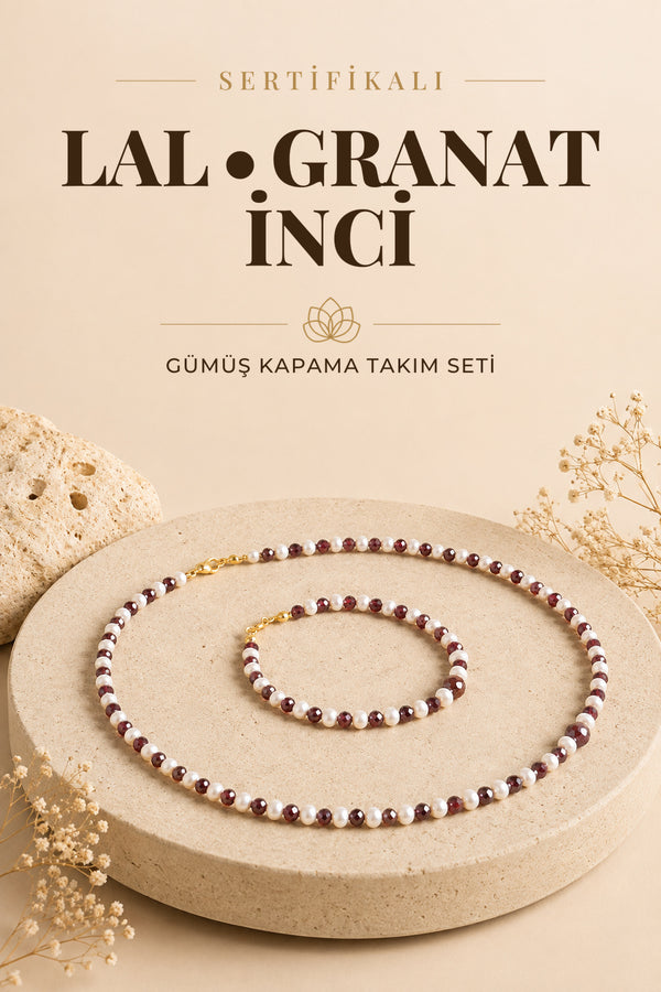SERTİFİKALI Lal(Granat )-İnci Doğal Taş Gümüş Kapama Altın Kaplama Kolye(45cm) &Bileklik(18cm) Seti