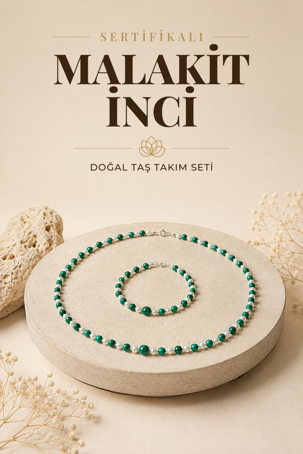SERTİFİKALI Malahite İnci Doğal Taş Kolye (45 CM)& Bileklik (18CM) Seti