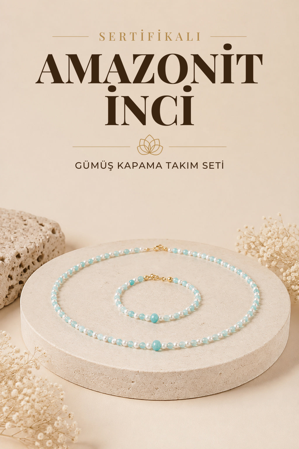 SERTİFİKALI Amazonit İnci Doğal Taş Gümüş Kapama Kolye(45CM) & Bileklik Seti(18CM)