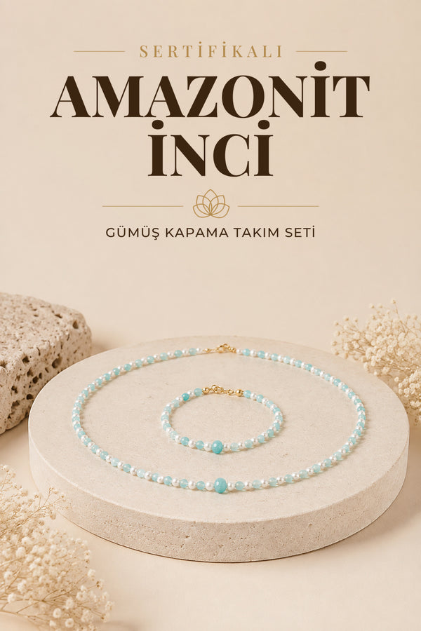 SERTİFİKALI Amazonit İnci Doğal Taş Gümüş Kapama Kolye(45CM) & Bileklik Seti(18CM)