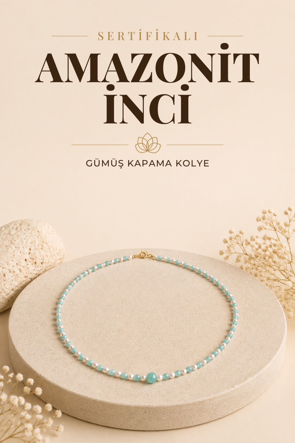 SERTİFİKALI Amazonit İnci Doğal Taş Gümüş Kapama Kolye