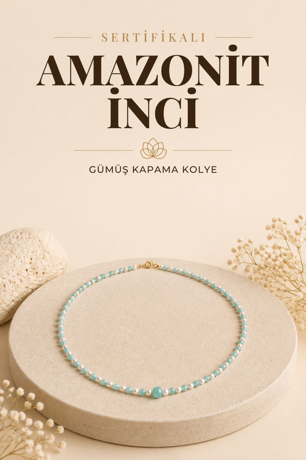 SERTİFİKALI Amazonit İnci Doğal Taş Gümüş Kapama Kolye