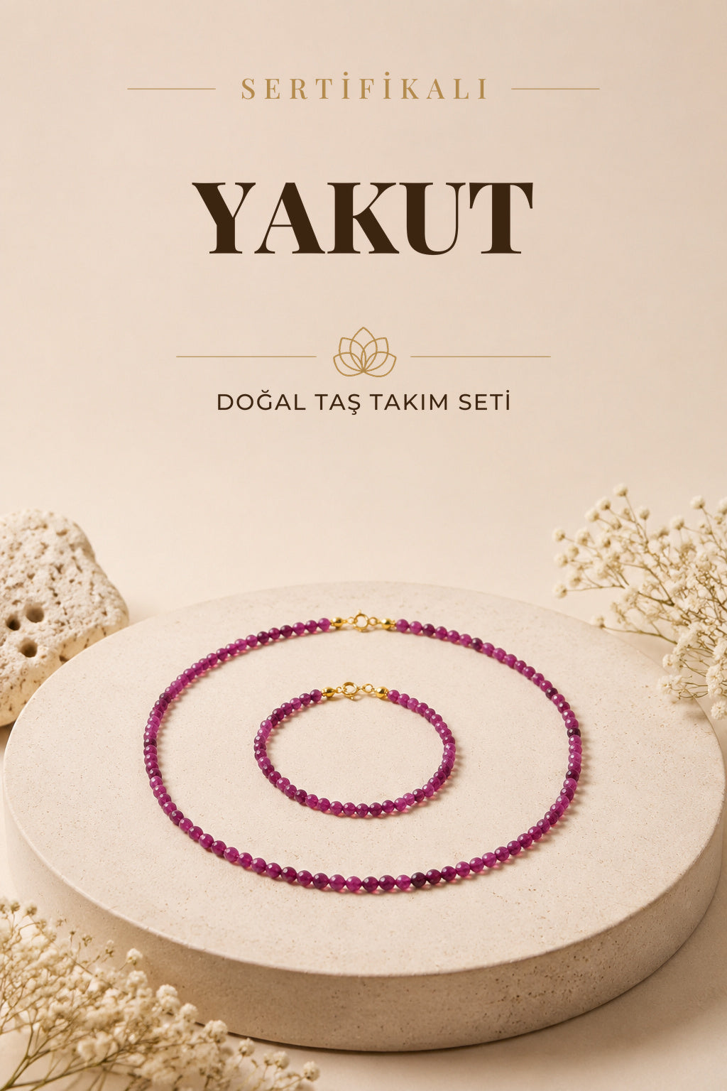 SERTİFİKALI Yakut Doğal Taş Bileklik (18cm) Ve Kolye (45cm )Seti