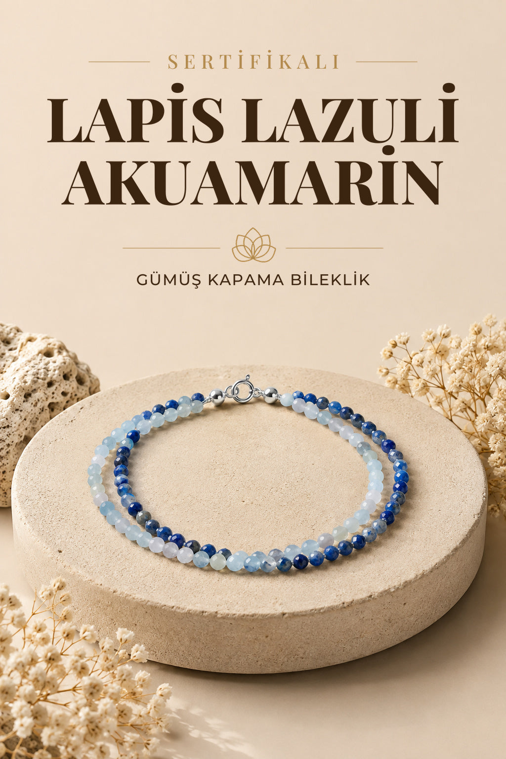 SERTİFİKALI Lapis Lazuli Akuamarin Doğal Taş Gümüş Kapama Bileklik