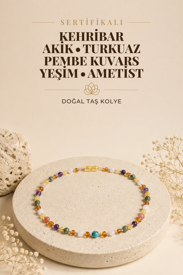 SERTİFİKALI Bebek Kehribar-Yemen akik -Turkuaz-Pembe kuvars -Yeşim -Ametist Kolye-2 Doğal Taş Kolye