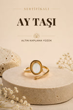 SERTİFİKALI Ay Taşı Doğal Taş 925 Ayar Gümüş Altın Kaplama Yüzük