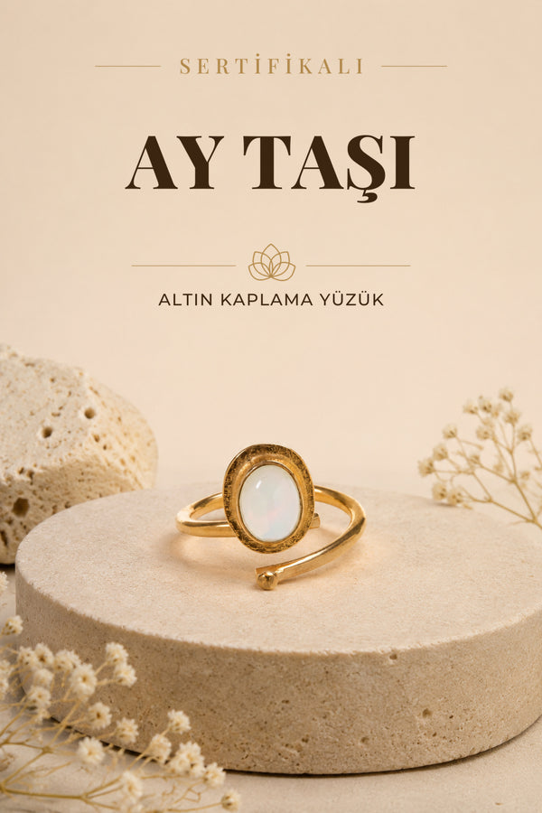 SERTİFİKALI Ay Taşı Doğal Taş 925 Ayar Gümüş Altın Kaplama Yüzük
