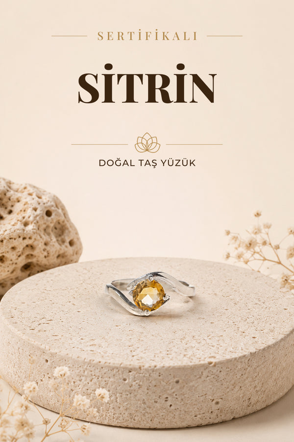 SERTİFİKALI Sitrin Doğal Taş Gümüş Yüzük