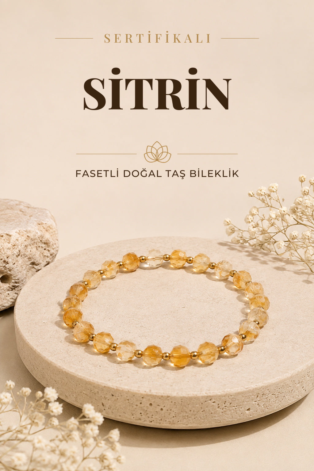 SERTİFİKALI Sitrin Doğal Taş Fasetli Bileklik