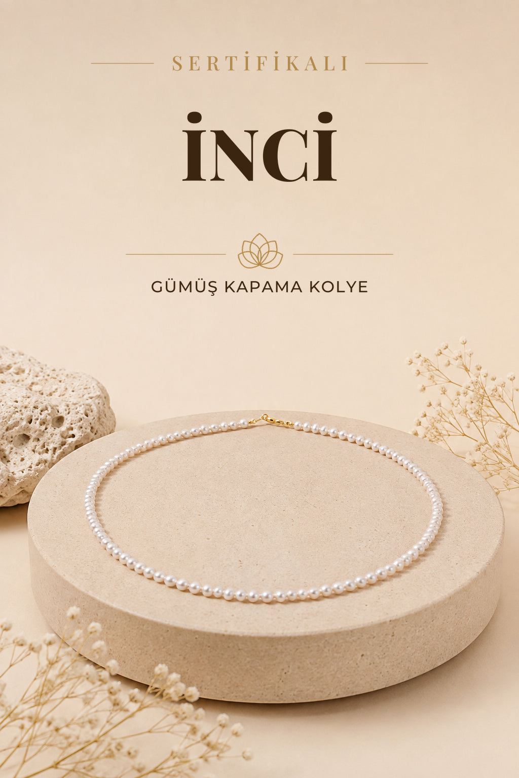 SERTİFİKALI Kum İnci Doğal Taş Gümüş Kapama Kolye