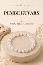SERTİFİKALI Pembe Kuvars Doğal Taş Gümüş Fasetli Bileklik