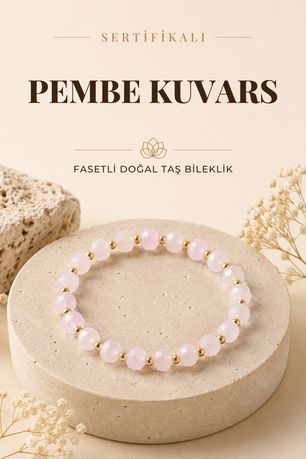 SERTİFİKALI Pembe Kuvars Doğal Taş Gümüş Fasetli Bileklik