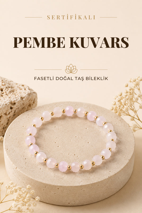 SERTİFİKALI Pembe Kuvars Doğal Taş Gümüş Fasetli Bileklik