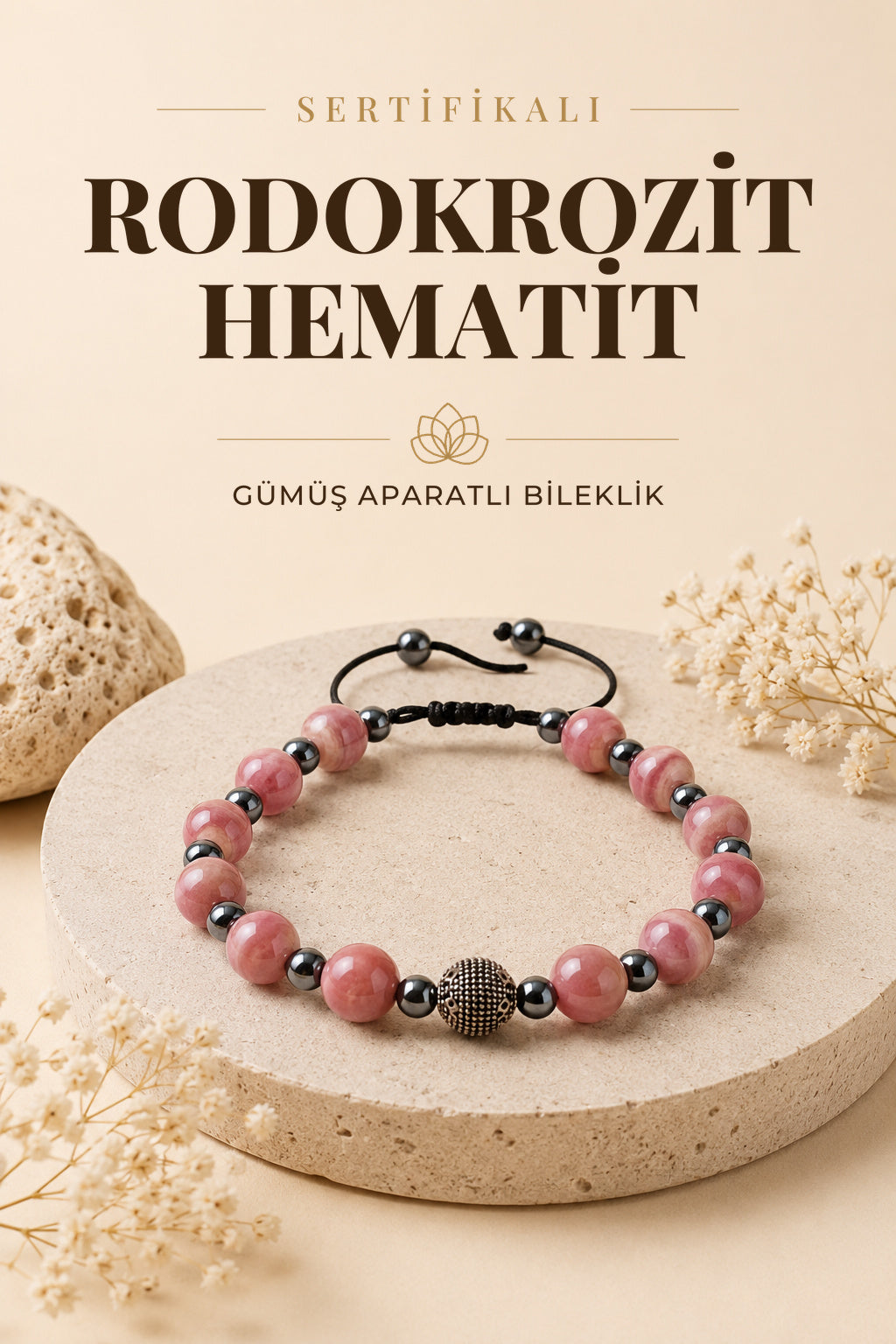 SERTİFİKALI Rodokrozit Hematit Doğal Taş Gümüş Aparat Ayarlanabilir Bileklik