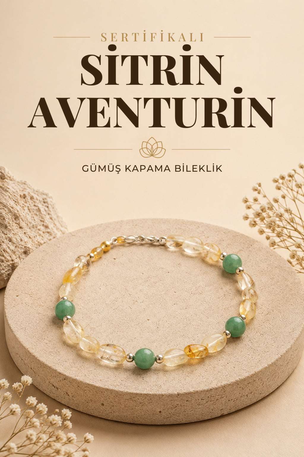 SERTİFİKALI Sitrin Aventurin Doğal Taş Gümüş Kapama Bileklik