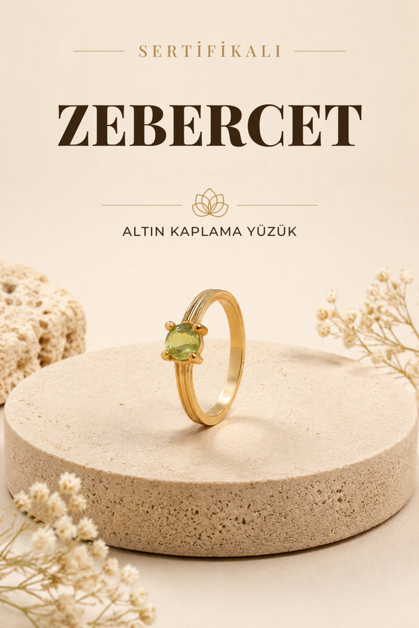 SERTİFİKALI Zebercet Doğal Taş 925 Ayar Gümüş Altın Kaplama Yüzük