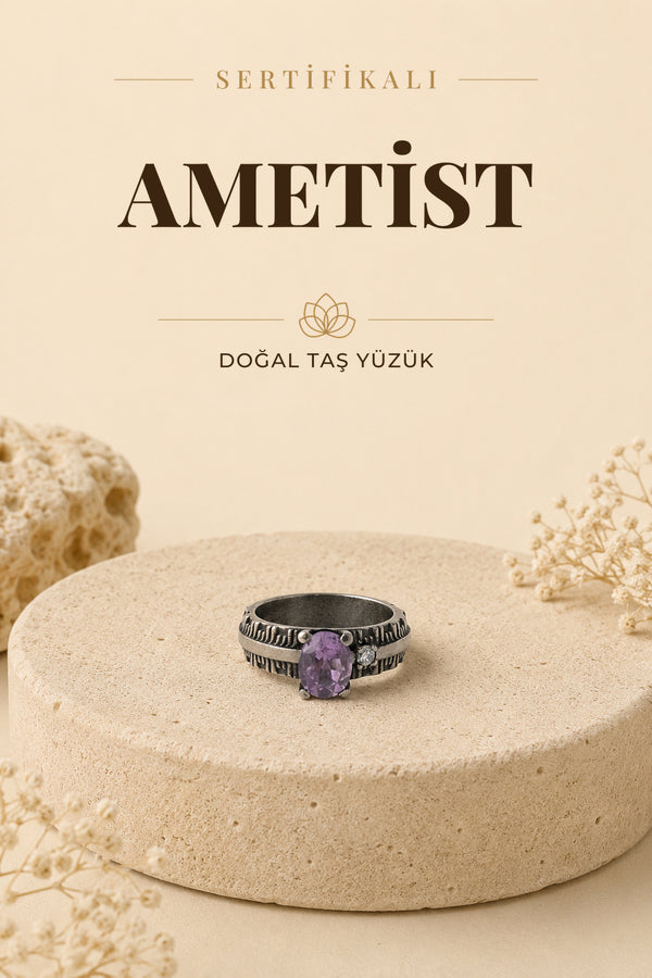 SERTİFİKALI Ametist Doğal Taş 925 Ayar Gümüş Yüzük