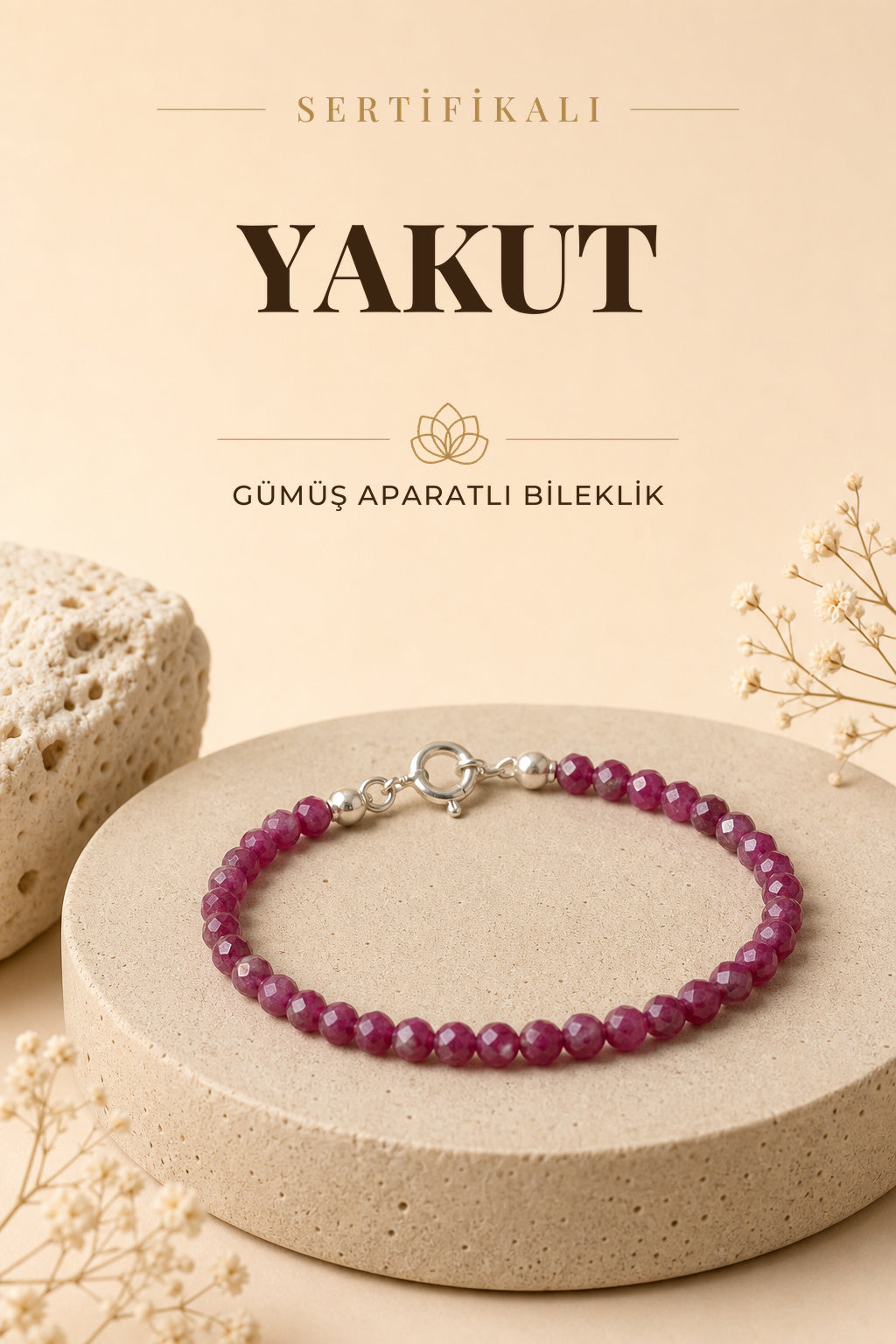 SERTİFİKALI Yakut Doğal Taş Fasetli Gümüş Aparatlı Bileklik 4 mm