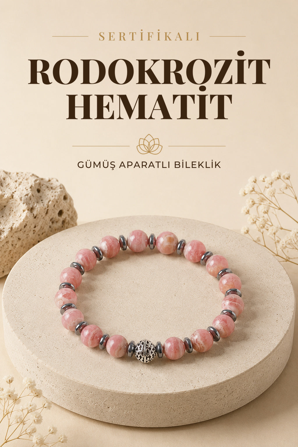 SERTİFİKALI Rodokrozit-Hematit Doğal Taş Gümüş Aparatlı Bileklik