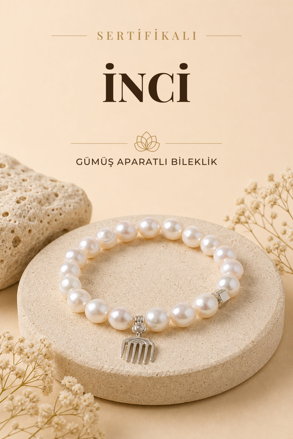 SERTİFİKALI İnci Doğal Taş Gümüş Aparatlı Bileklik