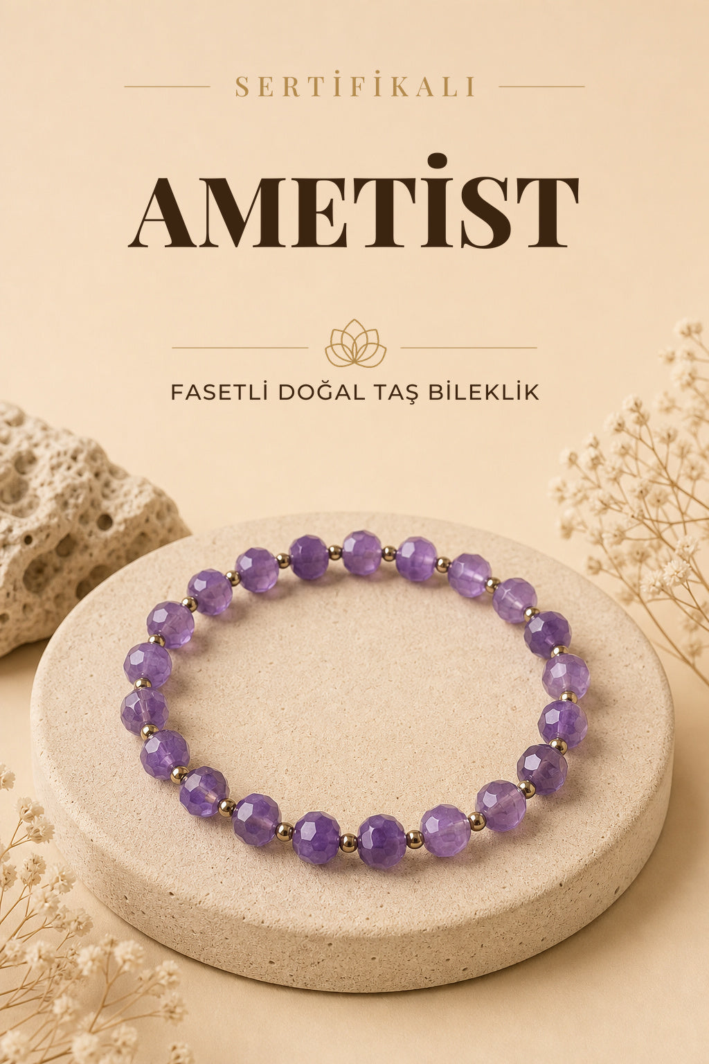 SERTİFİKALI Ametist Doğal Taş Fasetli Bileklik