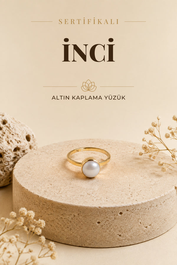 SERTİFİKALI İnci DOĞAL TAŞ YÜZÜK (925 ayar gümüş altın kaplama)