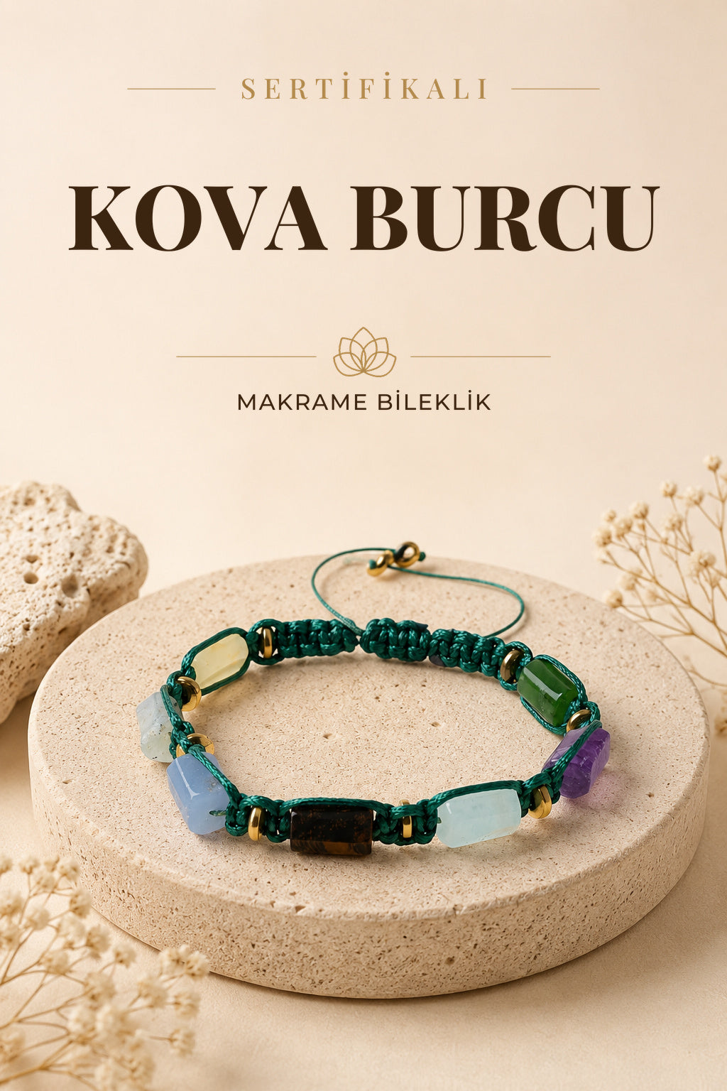 SERTİFİKA Kova Burcu Doğal Taş Makrome Ayarlanabilir Bileklik