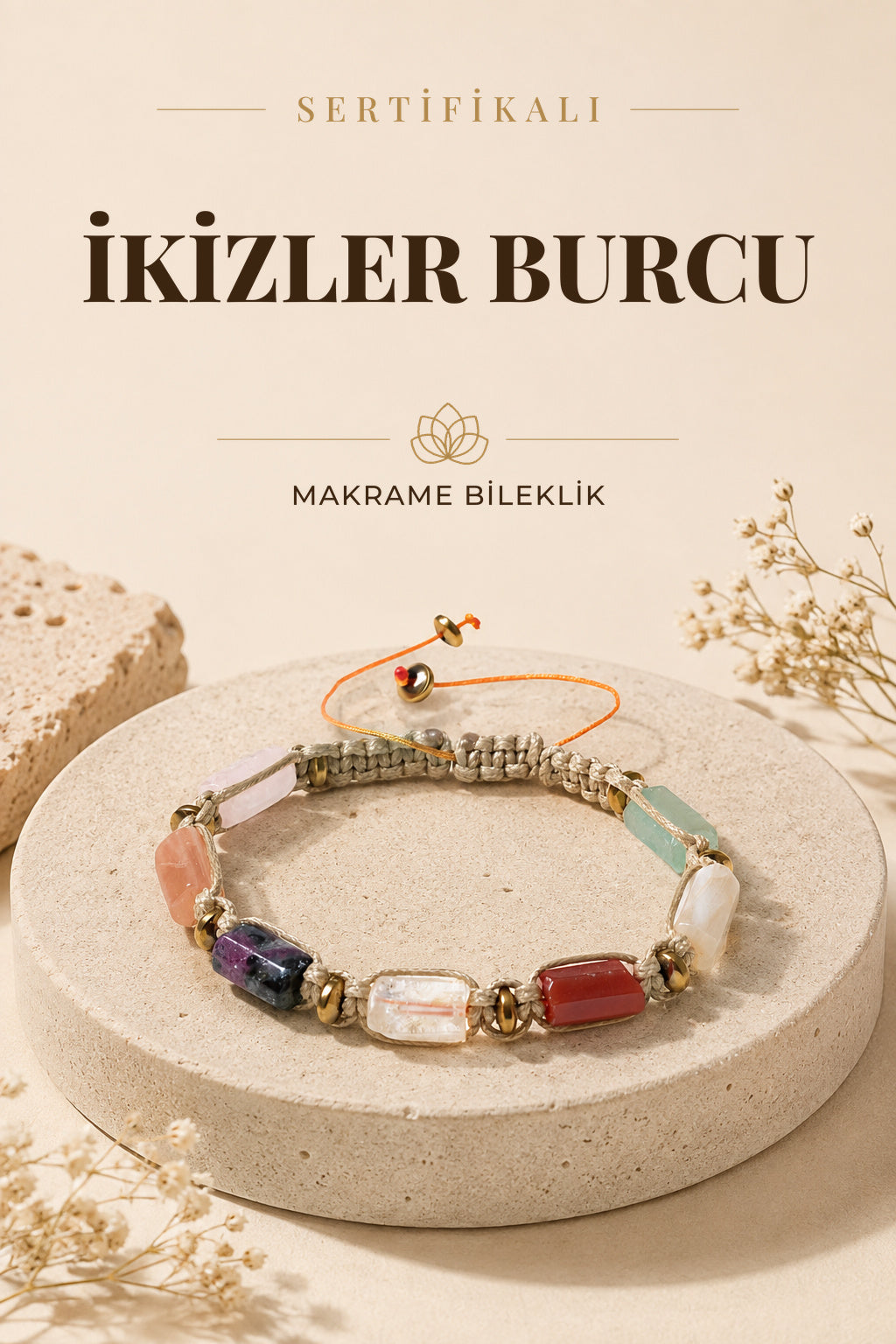 SERTİFİKALI İkizler Burcu Doğal Taş Makrome Ayarlanabilir Bileklik
