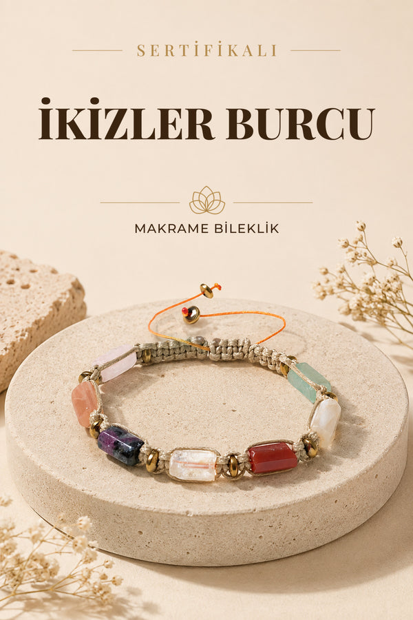 SERTİFİKALI İkizler Burcu Doğal Taş Makrome Ayarlanabilir Bileklik
