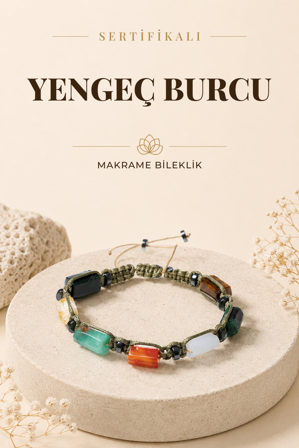 SERTİFİKALI Yengeç Burcu Doğal Taş Makrome Ayarlanabilir Bileklik